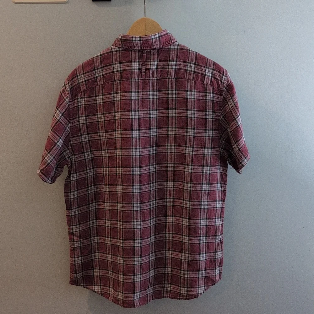 Banana Republic Men's Medium Linen Camden Standard Fit Short Sleeve Plaid Shirt